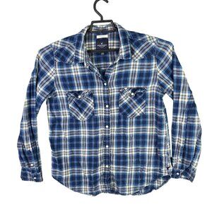 Mens American Eagle Blue White Plaid Shirt Pearl Snap Long Sleeve Western L